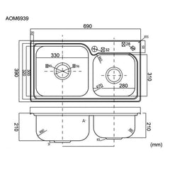 キッチンシンク 台所流し台 69*39cm 2槽 オーバー アンダー 304ステンレス