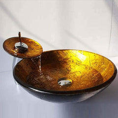 洗面ボウル&蛇口セット 洗面器 手洗い鉢 強化ガラス製 排水金具付 金色 豪華 - Kansofurni