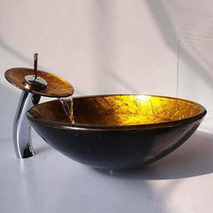 洗面ボウル&蛇口セット 洗面器 手洗い鉢 強化ガラス製 排水金具付 金色 豪華 - Kansofurni