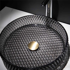 洗面ボール 手洗鉢 洗面器 ガラス製 ダイカスト 排水金具付 黒色 丸型 40cm - Kansofurni