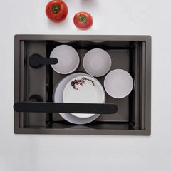 キッチンシンク ナノ台所流し台 35*48cm オーバー アンダー 304ステンレス 昇降蛇口付 目隠しフタ付 黒 1槽