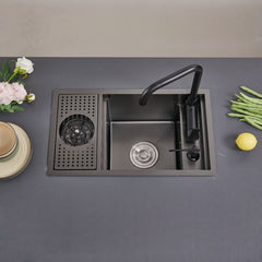 キッチンシンク ナノ台所流し台 70*40cm オーバー アンダー 304ステンレス 折畳み式蛇口付 目隠しフタ付 カップ洗浄付 黒 1槽