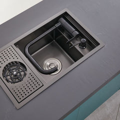 キッチンシンク ナノ台所流し台 70*40cm オーバー アンダー 304ステンレス 折畳み式蛇口付 目隠しフタ付 カップ洗浄付 黒 1槽