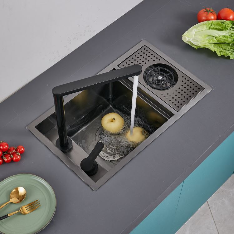 キッチンシンク ナノ台所流し台 58*32cm オーバー アンダー 304ステンレス 昇降蛇口付 目隠しフタ付 カップ洗浄付 黒 1槽 - Kansofurni