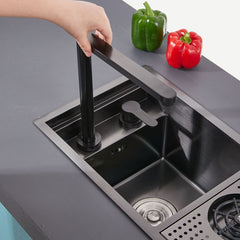 キッチンシンク ナノ台所流し台 58*32cm オーバー アンダー 304ステンレス 昇降蛇口付 目隠しフタ付 カップ洗浄付 黒 1槽 - Kansofurni