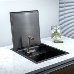キッチンシンク ナノ台所流し台 30*39cm オーバー アンダー 304ステンレス 折畳み式蛇口付 蓋付 黒 1槽