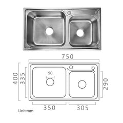 キッチンシンク 台所流し台 75*40cm 2槽 オーバー アンダー 304ステンレス - Kansofurni