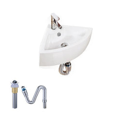 壁掛洗面ボール 手洗い鉢 洗面器 陶器 壁付 排水栓&排水トラップ付 三角型 蛇口穴付 和風 33cm - Kansofurni
