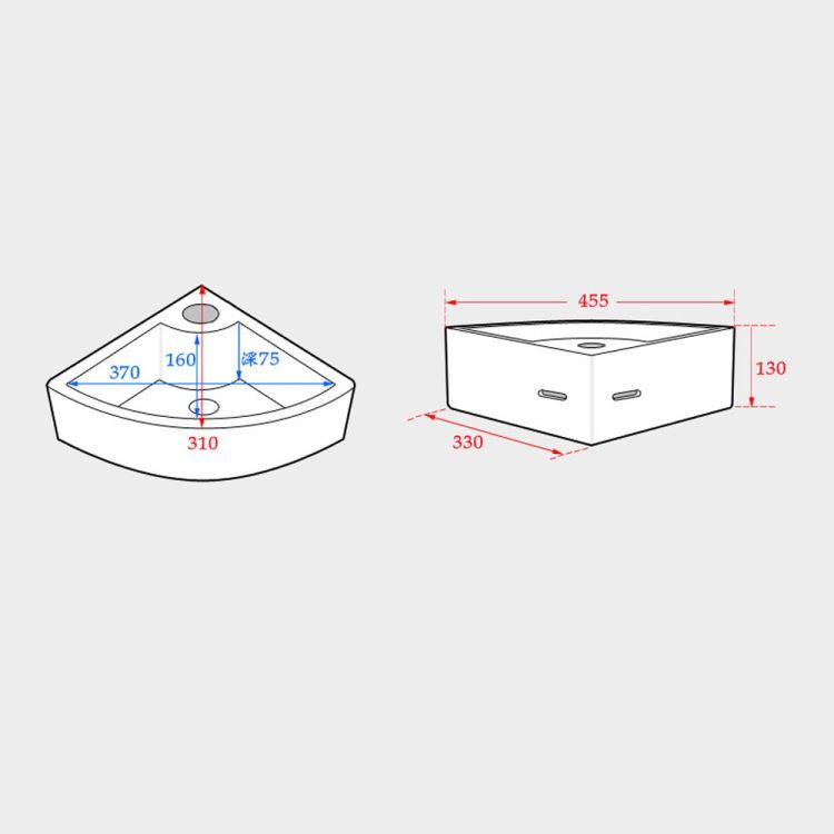 壁掛洗面ボール 手洗い鉢 洗面器 陶器 壁付 排水栓&排水トラップ付 三角型 蛇口穴付 和風 33cm - Kansofurni