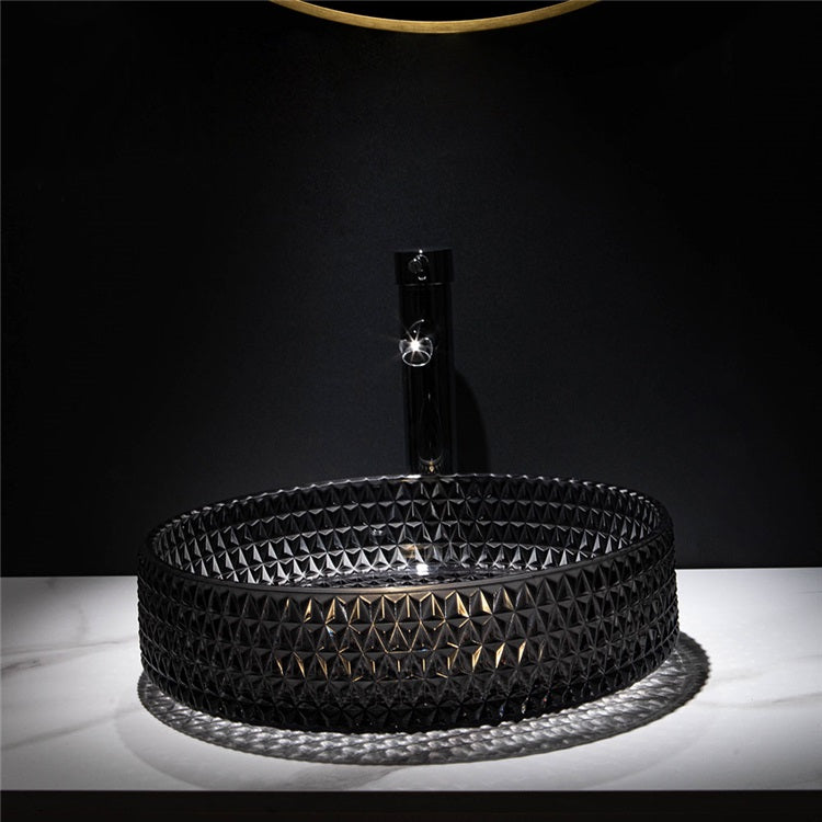 洗面ボール 手洗鉢 洗面器 ガラス製 ダイカスト 排水金具付 黒色 丸型 40cm - Kansofurni