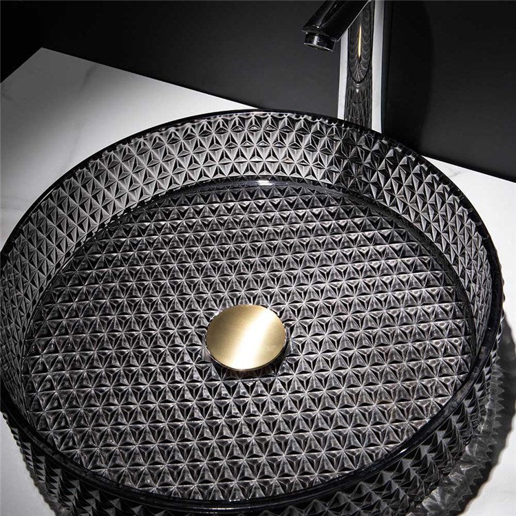 洗面ボール 手洗鉢 洗面器 ガラス製 ダイカスト 排水金具付 黒色 丸型 40cm - Kansofurni