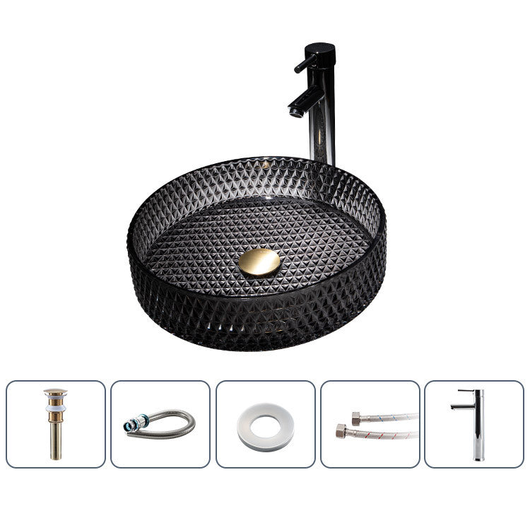 洗面ボール 手洗鉢 洗面器 ガラス製 ダイカスト 排水金具付 黒色 丸型 40cm - Kansofurni