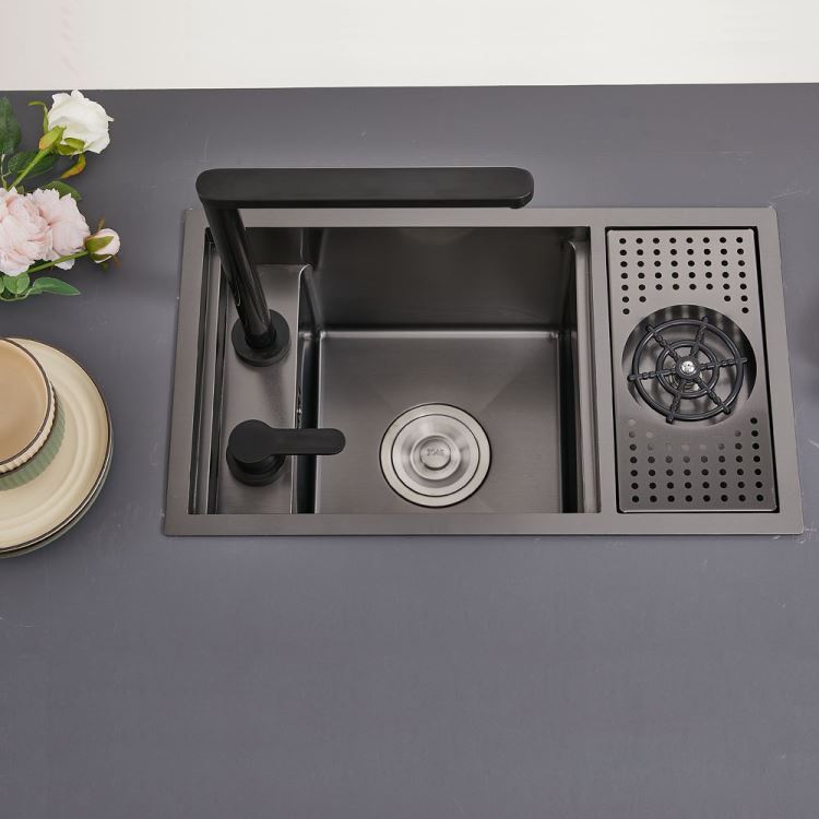 キッチンシンク ナノ台所流し台 60*40cm オーバー アンダー 304ステンレス 昇降蛇口付 目隠しフタ付 カップ洗浄付 黒 1槽