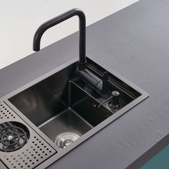 キッチンシンク ナノ台所流し台 70*40cm オーバー アンダー 304ステンレス 折畳み式蛇口付 目隠しフタ付 カップ洗浄付 黒 1槽