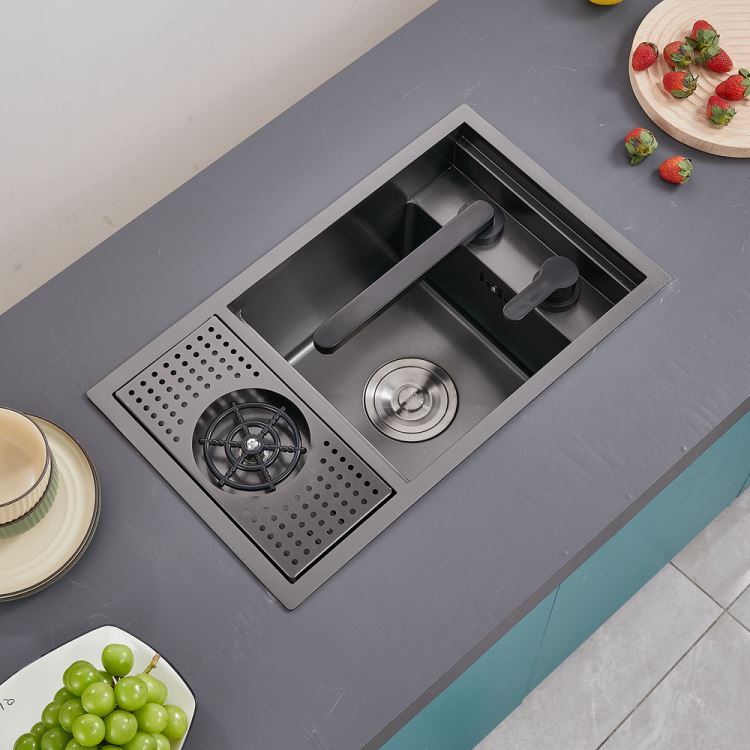 キッチンシンク ナノ台所流し台 58*32cm オーバー アンダー 304ステンレス 昇降蛇口付 目隠しフタ付 カップ洗浄付 黒 1槽 - Kansofurni