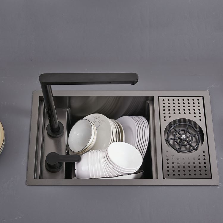 キッチンシンク ナノ台所流し台 58*32cm オーバー アンダー 304ステンレス 昇降蛇口付 目隠しフタ付 カップ洗浄付 黒 1槽 - Kansofurni