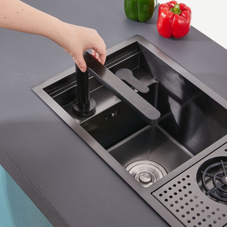 キッチンシンク ナノ台所流し台 58*32cm オーバー アンダー 304ステンレス 昇降蛇口付 目隠しフタ付 カップ洗浄付 黒 1槽 - Kansofurni