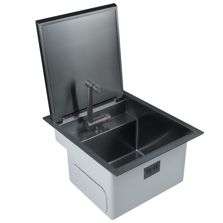 キッチンシンク ナノ台所流し台 43*45cm オーバー アンダー 304ステンレス 折畳み式蛇口付 蓋付 黒 1槽 - Kansofurni