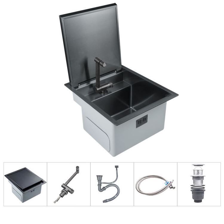 キッチンシンク ナノ台所流し台 43*45cm オーバー アンダー 304ステンレス 折畳み式蛇口付 蓋付 黒 1槽 - Kansofurni