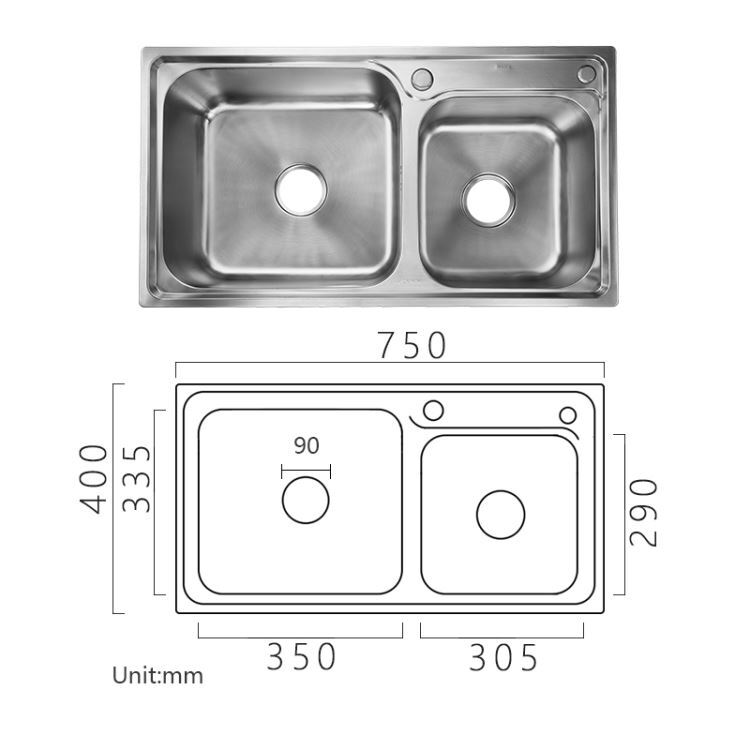 キッチンシンク 台所流し台 75*40cm 2槽 オーバー アンダー 304ステンレス - Kansofurni