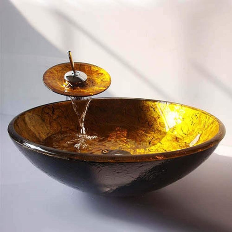 洗面ボウル＆蛇口セット 洗面器 手洗い鉢 強化ガラス製 排水金具付 金色 豪華 - Kansofurni