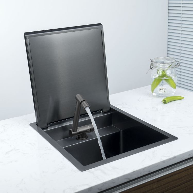 キッチンシンク ナノ台所流し台 43*45cm オーバー アンダー 304ステンレス 折畳み式蛇口付 蓋付 黒 1槽 - Kansofurni